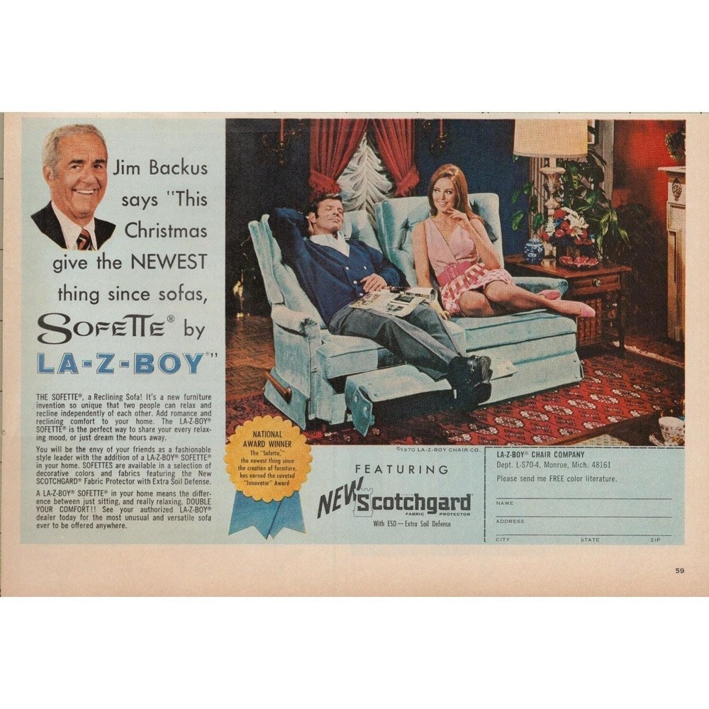 La-Z-Boy Sofette Reclining Sofa Jim Backus Vintage Furniture Print Ad 1970